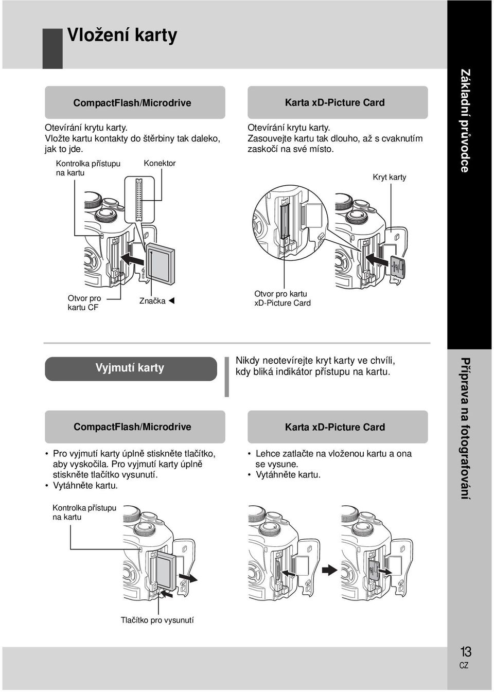Kryt karty Základní průvodce Otvor pro kartu CF Značka Otvor pro kartu xd-picture Card Vyjmutí karty CompactFlash/Microdrive Pro vyjmutí karty úplně stiskněte tlačítko, aby vyskočila.