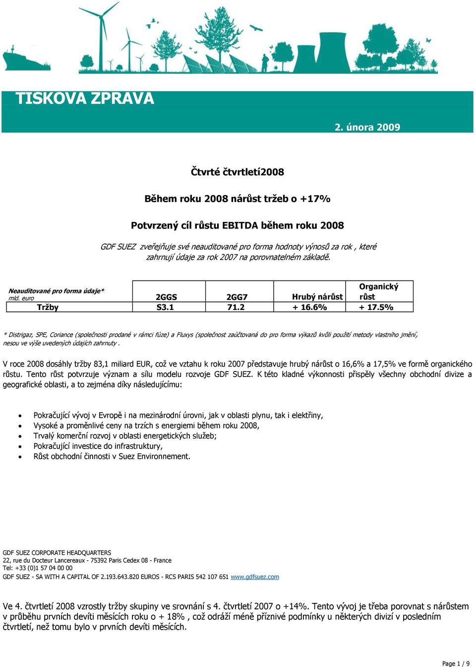 rok 2007 na porovnatelném základě. Organický Neauditované pro forma údaje* mld. euro 2GGS 2GG7 Hrubý ná Tržby S3.1 71.2 + 16.6% + 17.