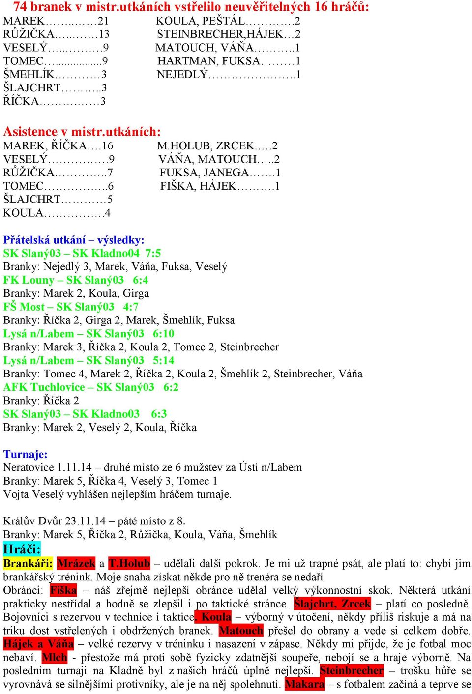 1 Přátelská utkání výsledky: SK Slaný03 SK Kladno04 7:5 Branky: Nejedlý 3, Marek, Váňa, Fuksa, Veselý FK Louny SK Slaný03 6:4 Branky: Marek 2, Koula, Girga FŠ Most SK Slaný03 4:7 Branky: Říčka 2,