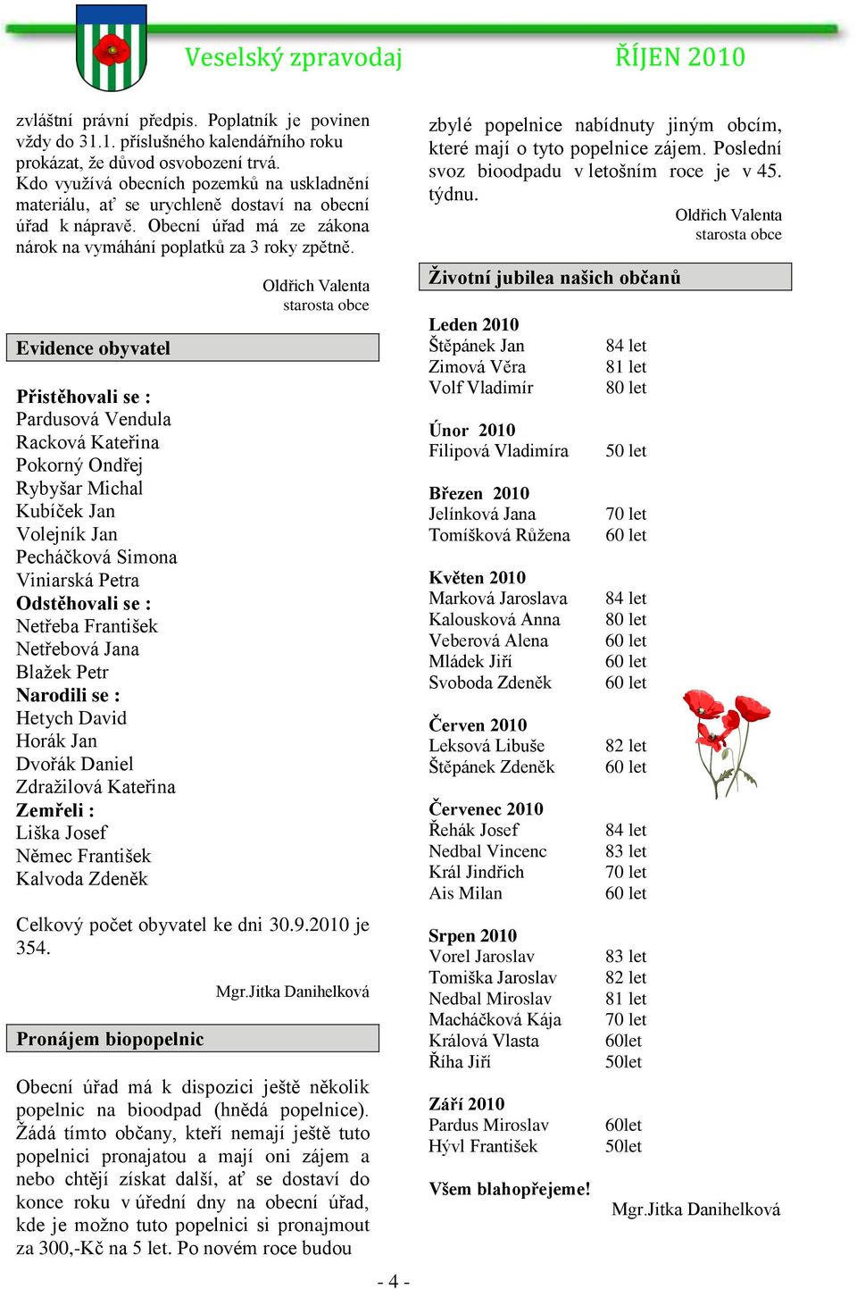 Evidence obyvatel Přistěhovali se : Pardusová Vendula Racková Kateřina Pokorný Ondřej Rybyšar Michal Kubíček Jan Volejník Jan Pecháčková Simona Viniarská Petra Odstěhovali se : Netřeba František