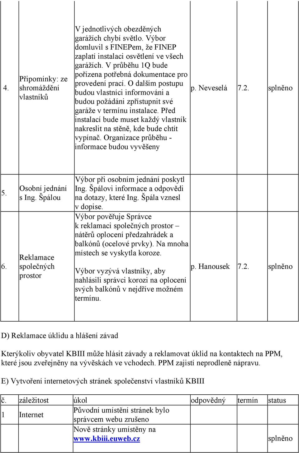 Před instalací bude muset každý vlastník nakreslit na stěně, kde bude chtít vypínač. Organizace průběhu - informace budou vyvěšeny p. Neveselá 7.2. splněno 5. 6. Osobní jednání s Ing.