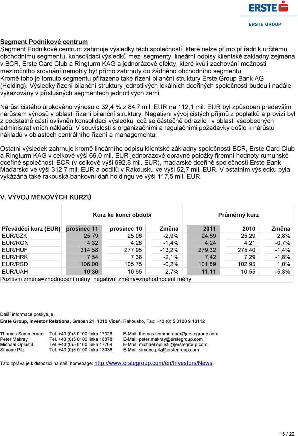 Kromě toho je tomuto segmentu přiřazeno také řízení bilanční struktury Erste Group Bank AG (Holding).