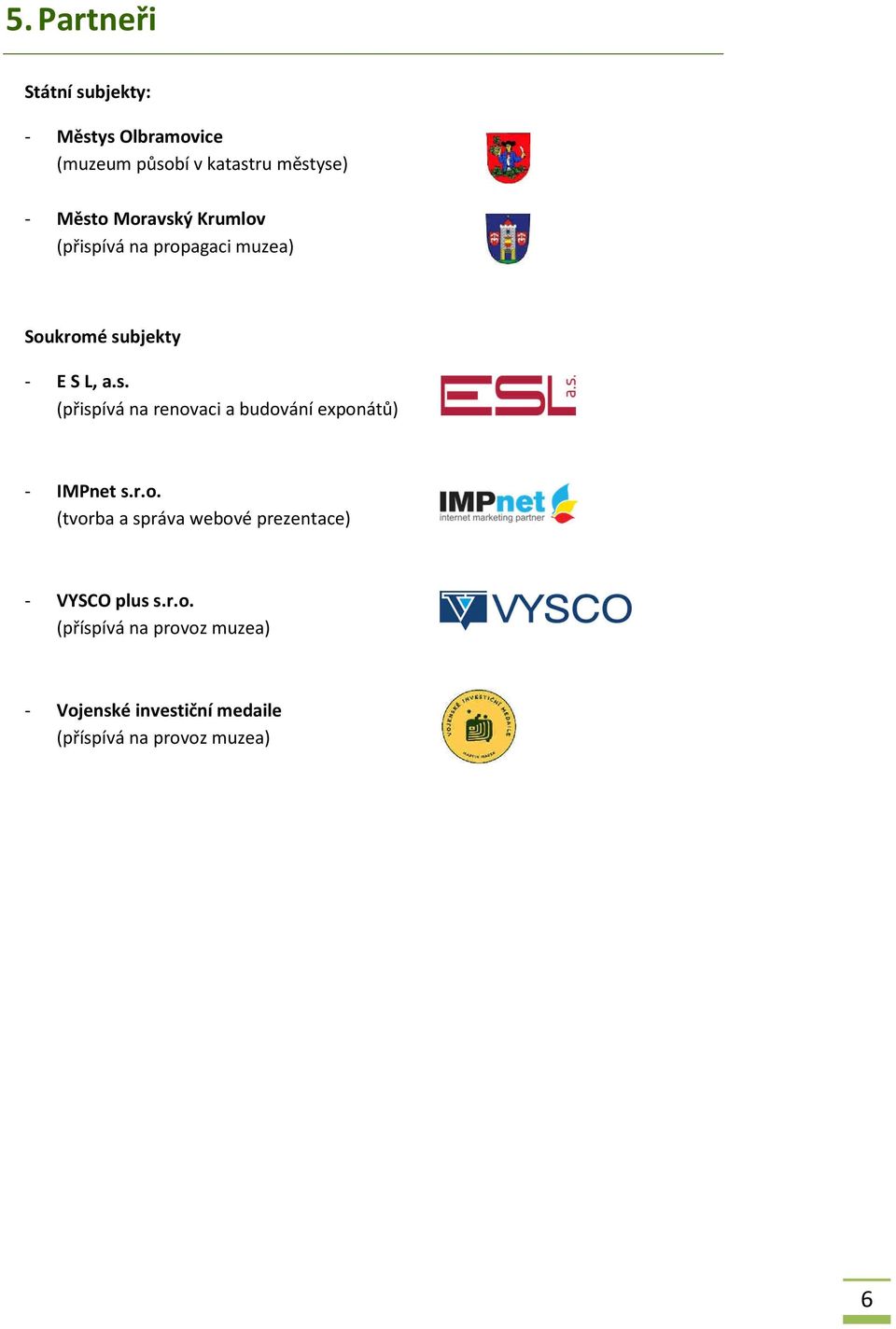 r.o. (tvorba a správa webové prezentace) - VYSCO plus s.r.o. (příspívá na provoz muzea) - Vojenské investiční medaile (příspívá na provoz muzea) 6