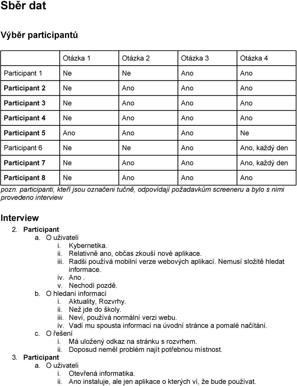participanti, kteří jsou označeni tučně, odpovídají požadavkům screeneru a bylo s nimi provedeno interview Interview 2. Participant i. Kybernetika. ii. Relativně ano, občas zkouší nové aplikace. iii.