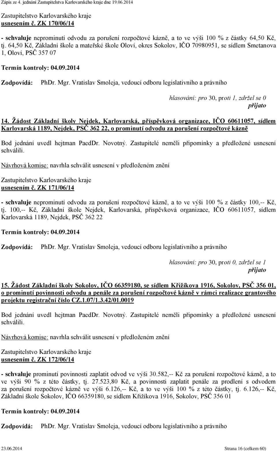 Vratislav Smoleja, vedoucí odboru legislativního a právního hlasování: pro 30, proti 1, zdržel se 0 14.