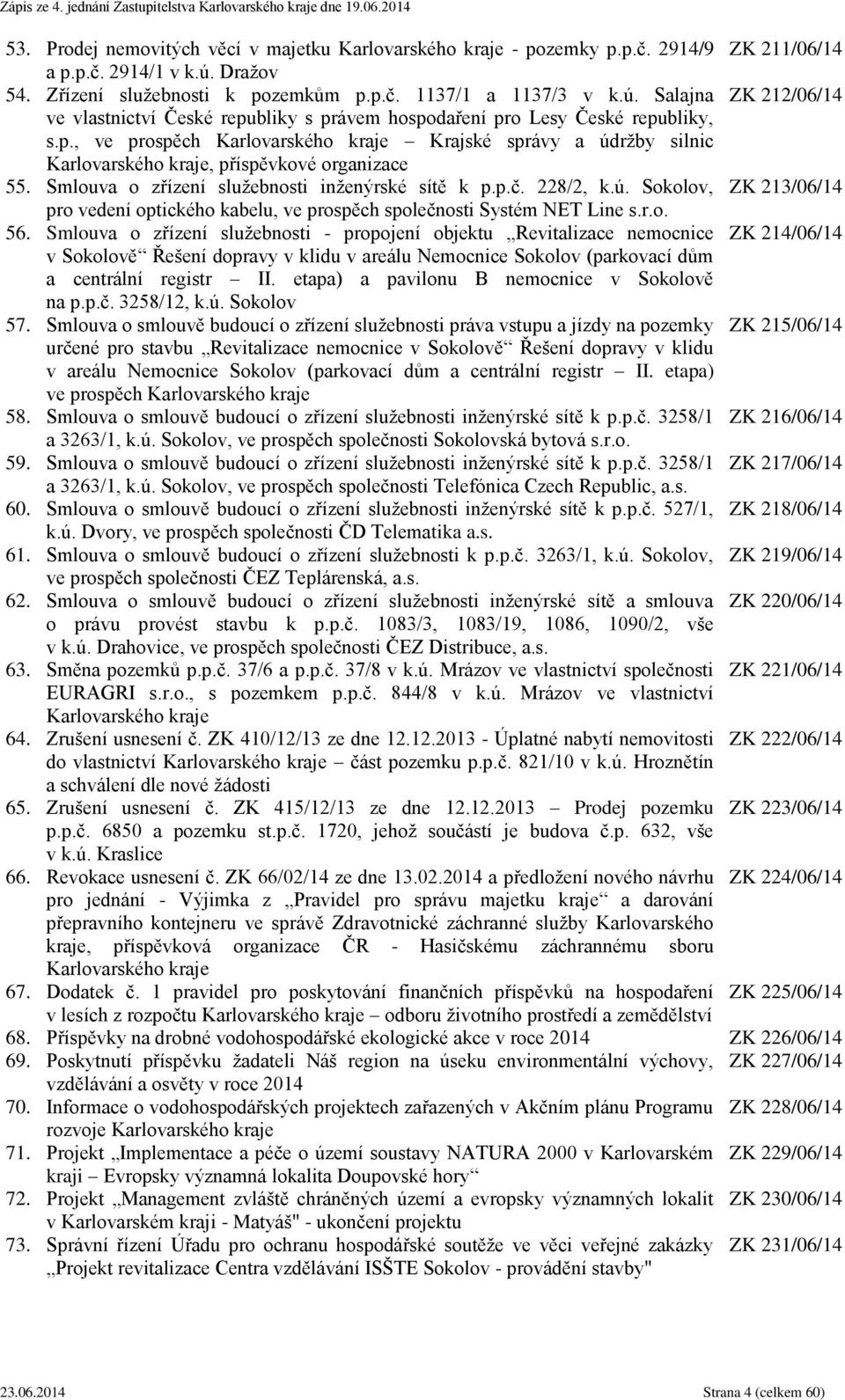 Smlouva o zřízení služebnosti inženýrské sítě k p.p.č. 228/2, k.ú. Sokolov, ZK 213/06/14 pro vedení optického kabelu, ve prospěch společnosti Systém NET Line s.r.o. 56.