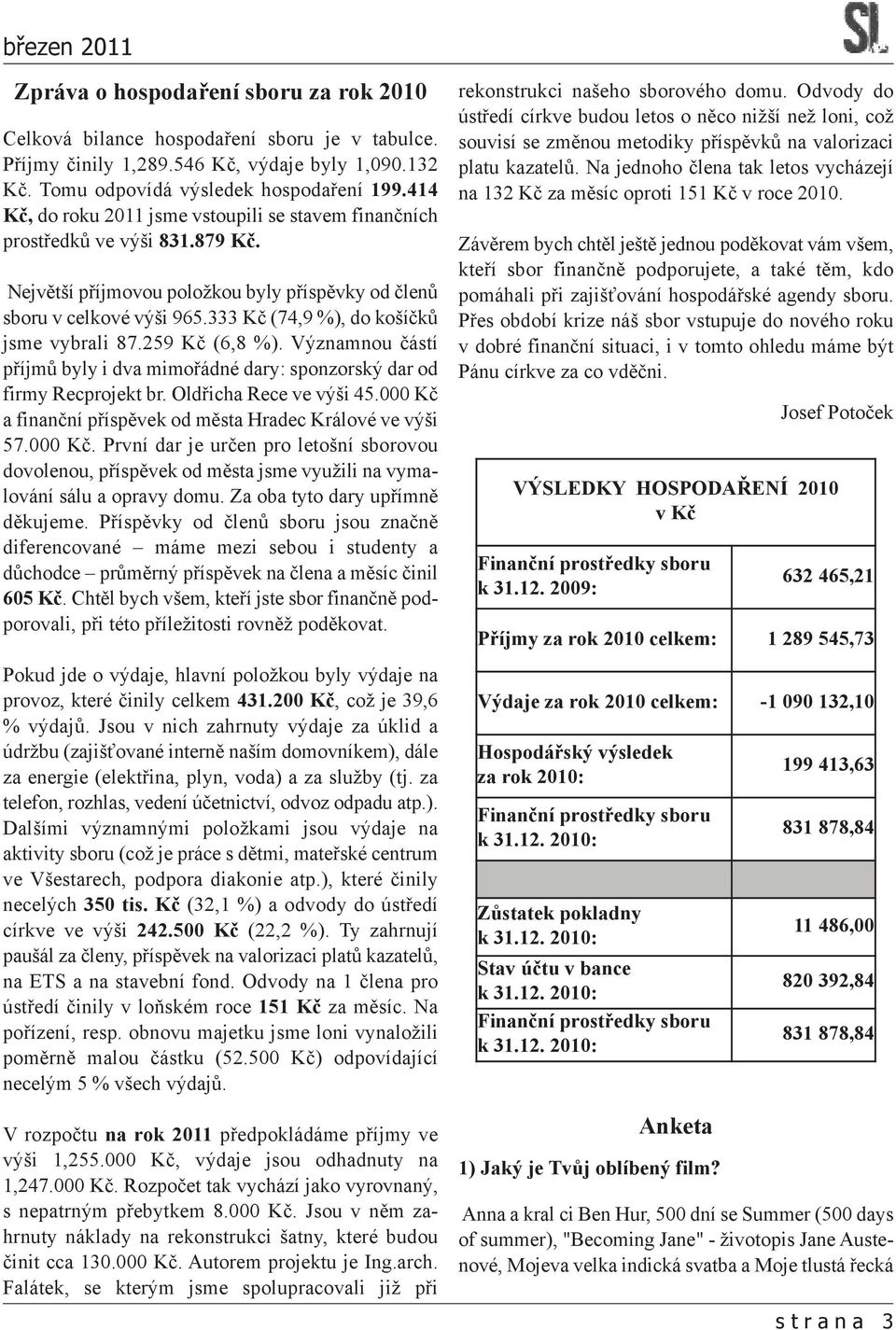 333 Kč (74,9 %), do košíčků jsme vybrali 87.259 Kč (6,8 %). Významnou částí příjmů byly i dva mimořádné dary: sponzorský dar od firmy Recprojekt br. Oldřicha Rece ve výši 45.