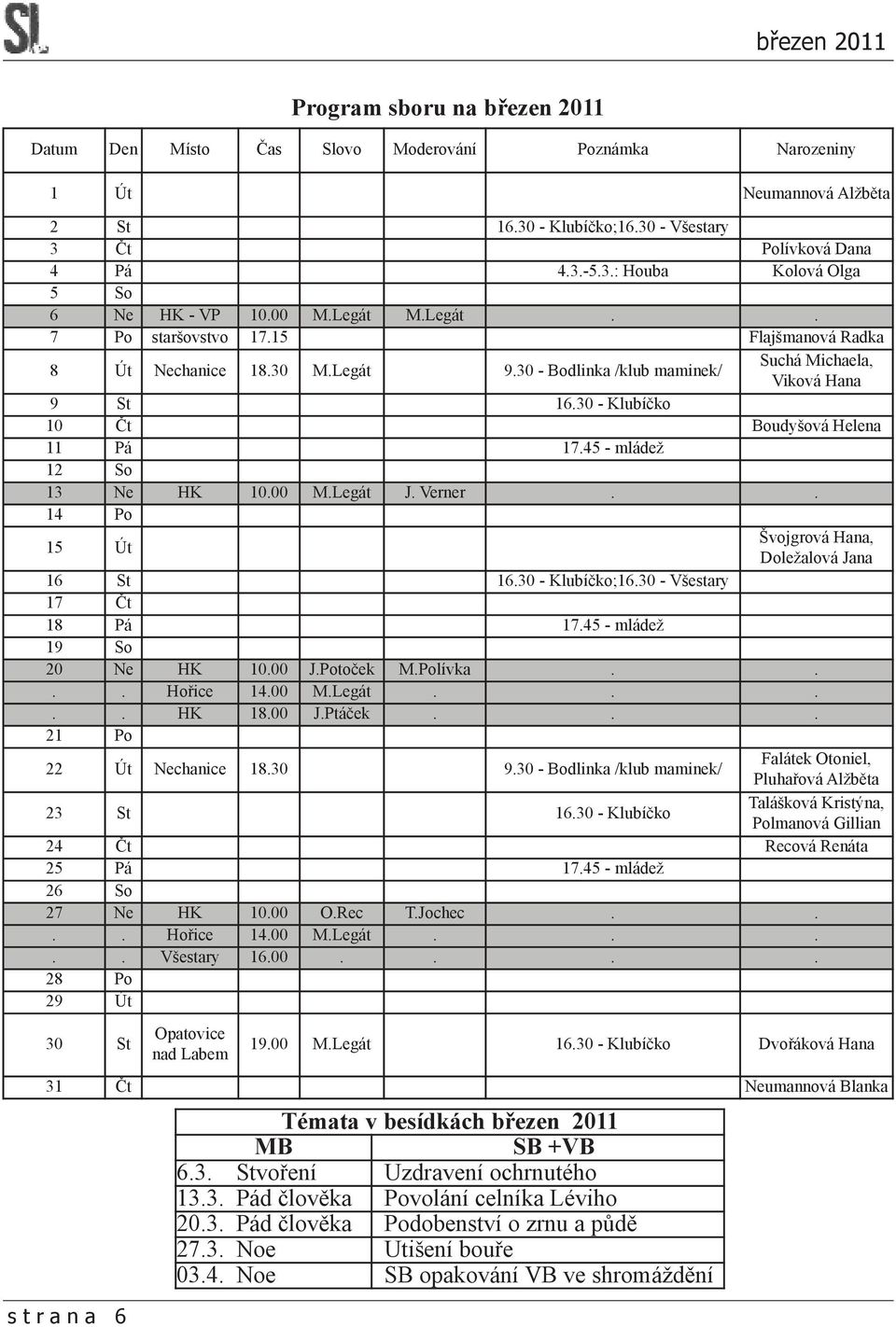 45 - mládež 12 So 13 Ne HK 10.00 M.Legát J. Verner.. 14 Po 15 Út Švojgrová Hana, Doležalová Jana 16 St 16.30 - Klubíčko;16.30 - Všestary 17 Čt 18 Pá 17.45 - mládež 19 So 20 Ne HK 10.00 J.Potoček M.
