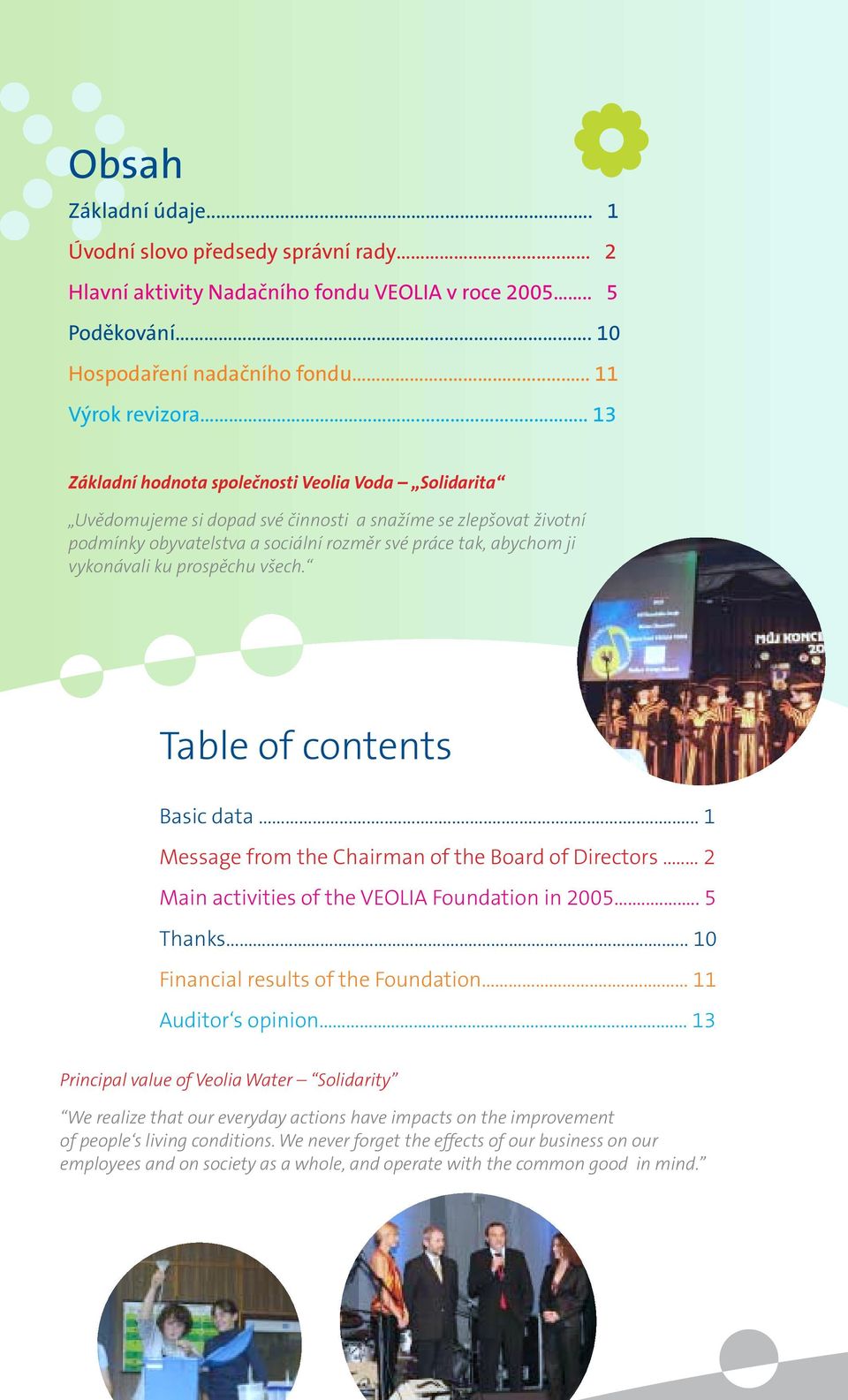 ku prospěchu všech. Table of contents Basic data... 1 Message from the Chairman of the Board of Directors.. 2 Main activities of the VEOLIA Foundation in 2005... 5 Thanks.