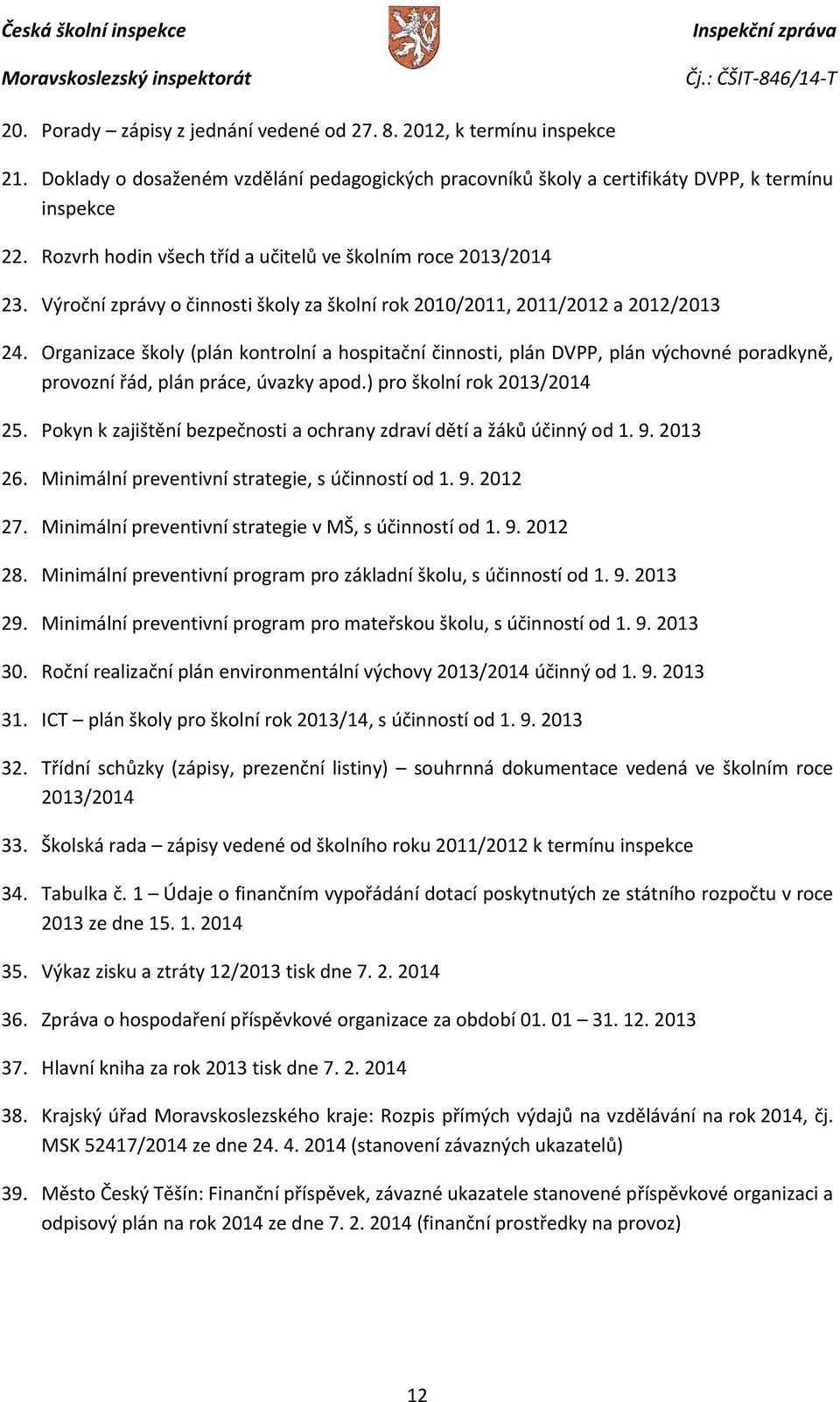 Organizace školy (plán kontrolní a hospitační činnosti, plán DVPP, plán výchovné poradkyně, provozní řád, plán práce, úvazky apod.) pro školní rok 2013/2014 25.