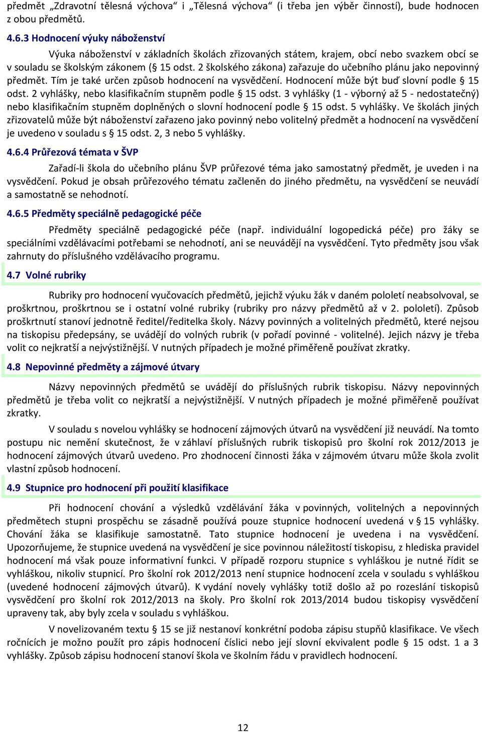 2 školského zákona) zařazuje do učebního plánu jako nepovinný předmět. Tím je také určen způsob hodnocení na vysvědčení. Hodnocení může být buď slovní podle 15 odst.