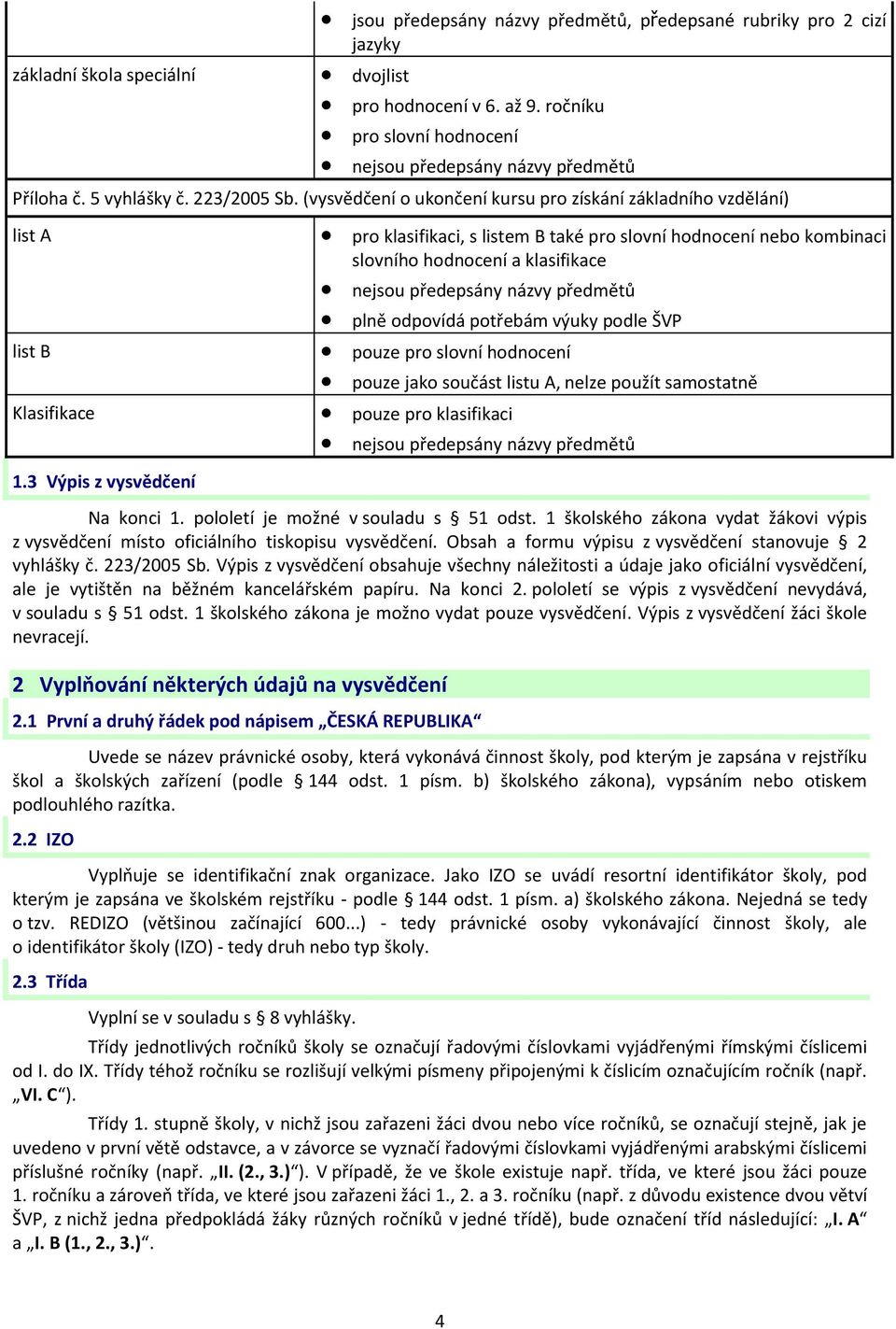 3 Výpis z vysvědčení pro klasifikaci, s listem B také pro slovní hodnocení nebo kombinaci slovního hodnocení a klasifikace plně odpovídá potřebám výuky podle ŠVP pouze pro slovní hodnocení pouze jako