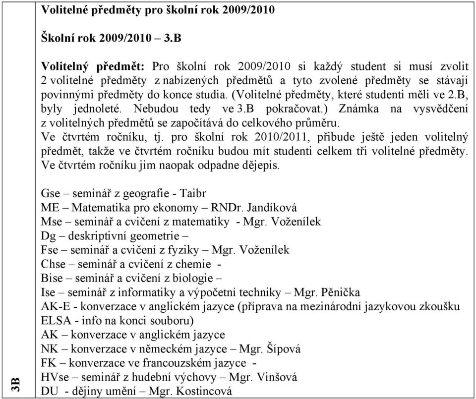 (Volitelné předměty, které studenti měli ve 2.B, byly jednoleté. Nebudou tedy ve 3.B pokračovat.) Známka na vysvědčení z volitelných předmětů se započítává do celkového průměru.