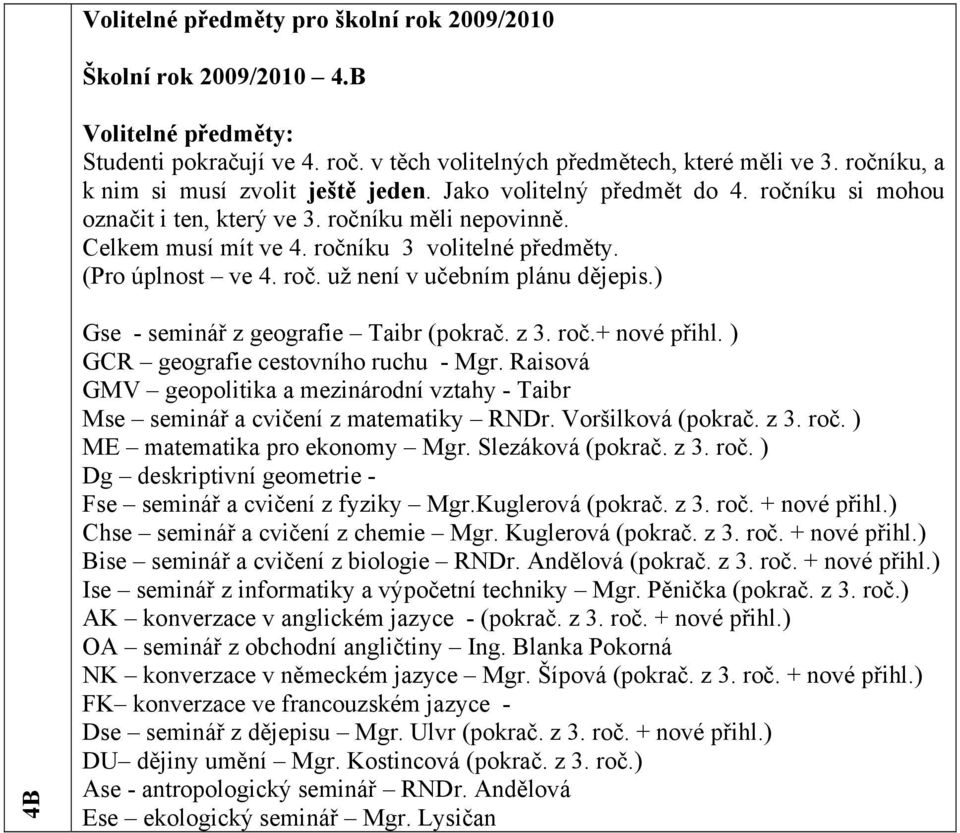 ) 4B Gse - seminář z geografie Taibr (pokrač. z 3. roč.+ nové přihl. ) GCR geografie cestovního ruchu - Mgr.