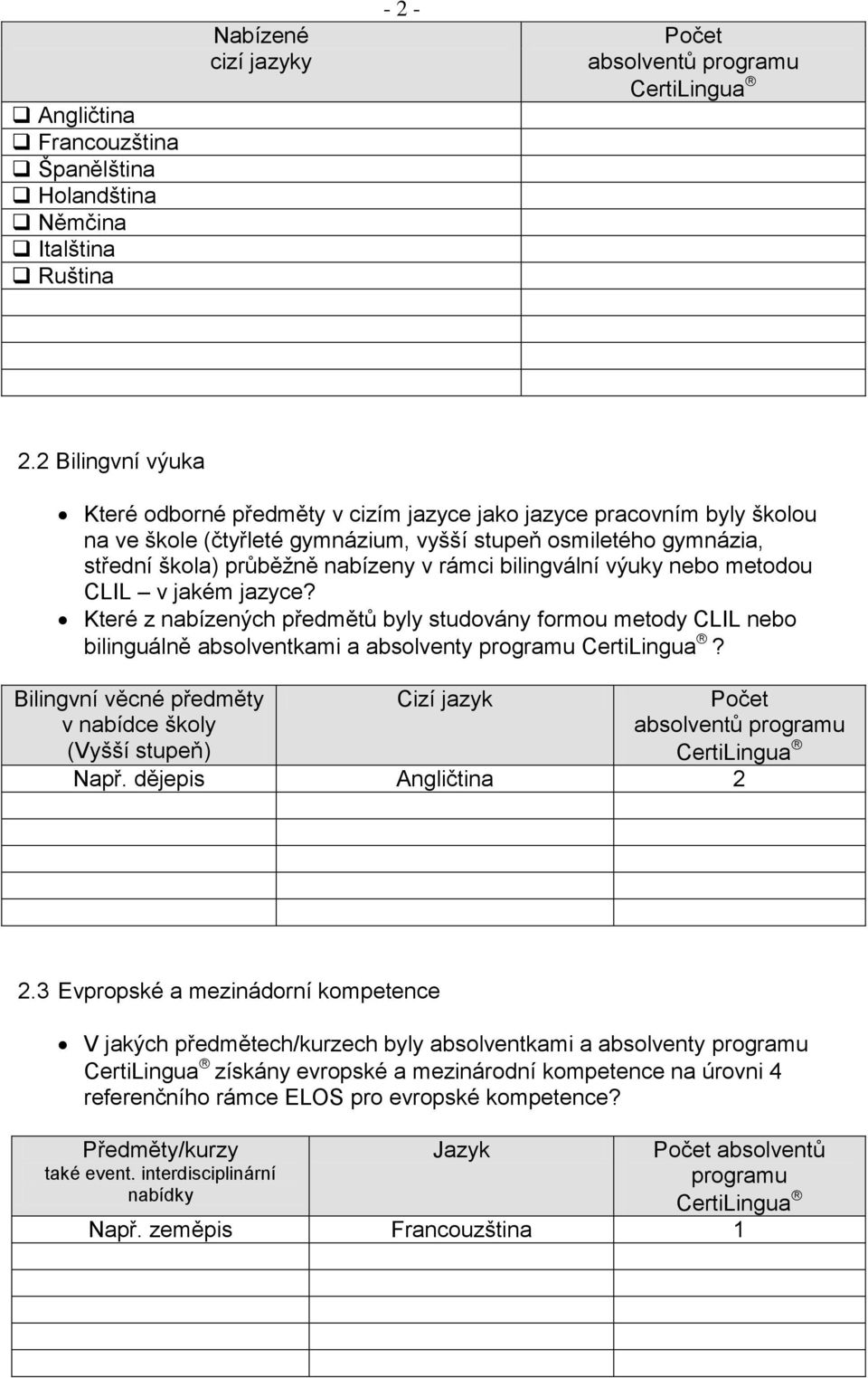 bilingvální výuky nebo metodou CLIL v jakém jazyce? Které z nabízených předmětů byly studovány formou metody CLIL nebo bilinguálně absolventkami a absolventy?