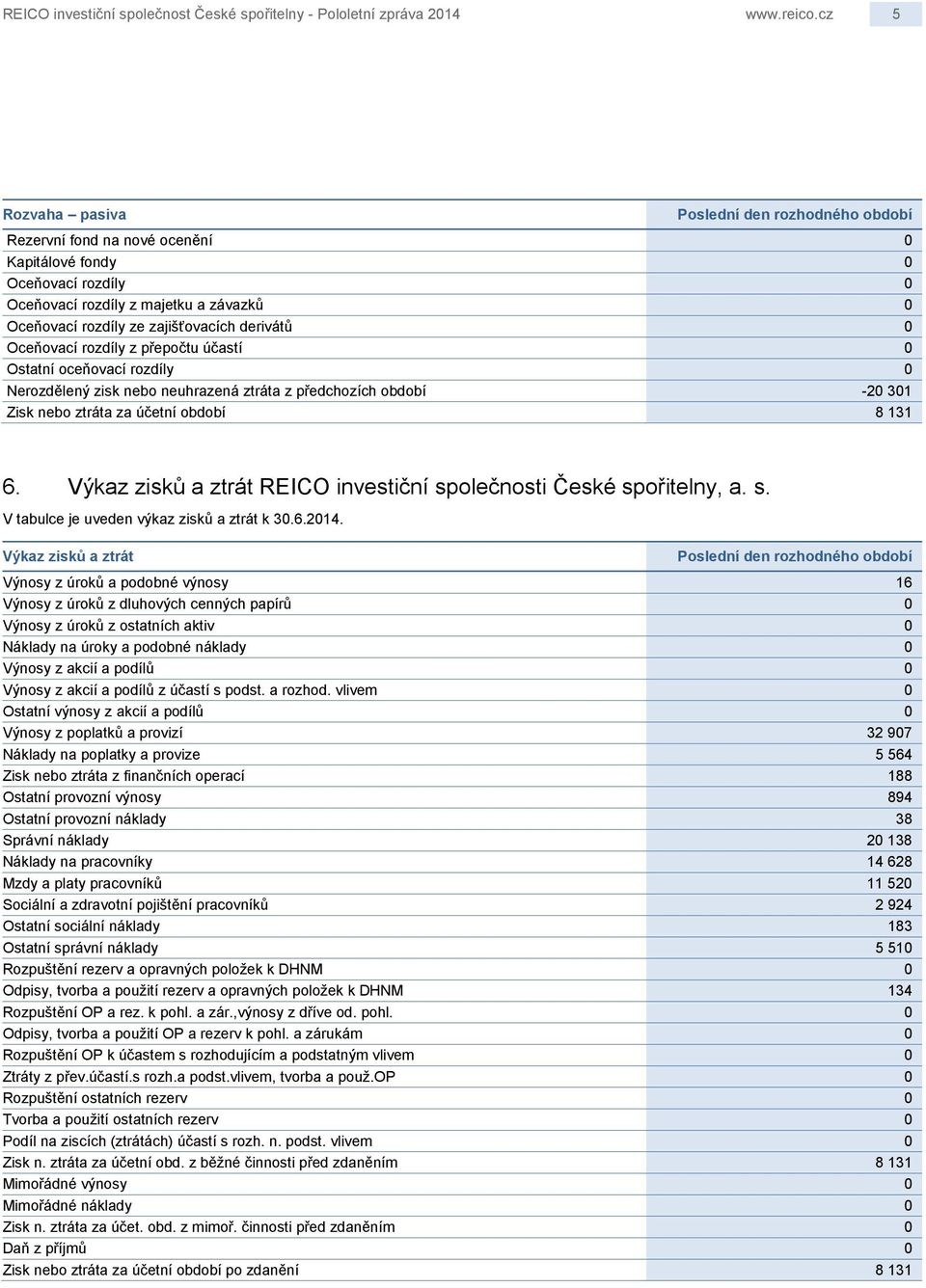 derivátů 0 Oceňovací rozdíly z přepočtu účastí 0 Ostatní oceňovací rozdíly 0 Nerozdělený zisk nebo neuhrazená ztráta z předchozích období -20 301 Zisk nebo ztráta za účetní období 8 131 6.