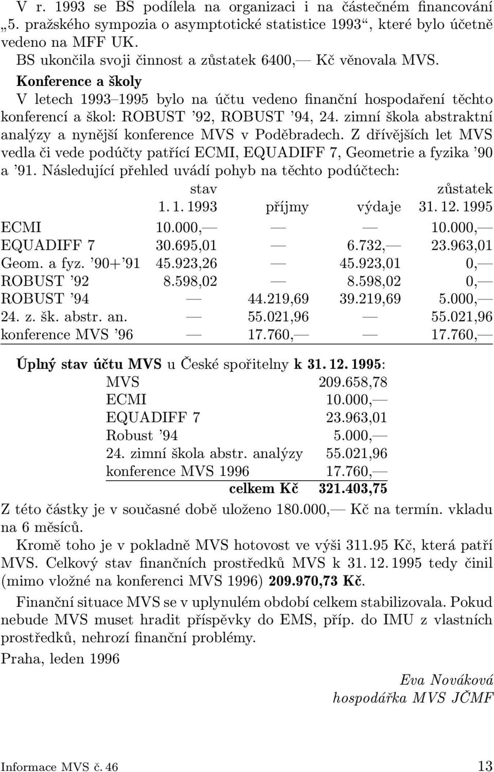 zimní škola abstraktní analýzy a nynější konference MVS v Poděbradech. Z dřívějších let MVS vedla či vede podúčty patřící ECMI, EQUADIFF 7, Geometrie a fyzika 90 a 91.