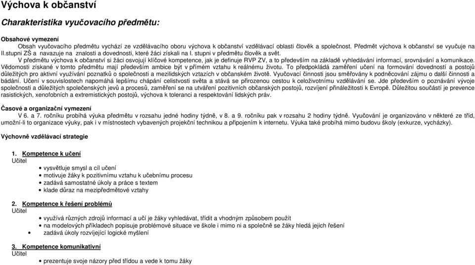 V předmětu výchova k občanství si žáci osvojují klíčové kompetence, jak je definuje RVP ZV, a to především na základě vyhledávání informací, srovnávání a komunikace.