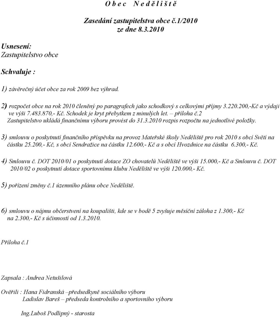 2 Zastupitelstvo ukládá finančnímu výboru provést do 31.3.2010 rozpis rozpočtu na jednotlivé položky.