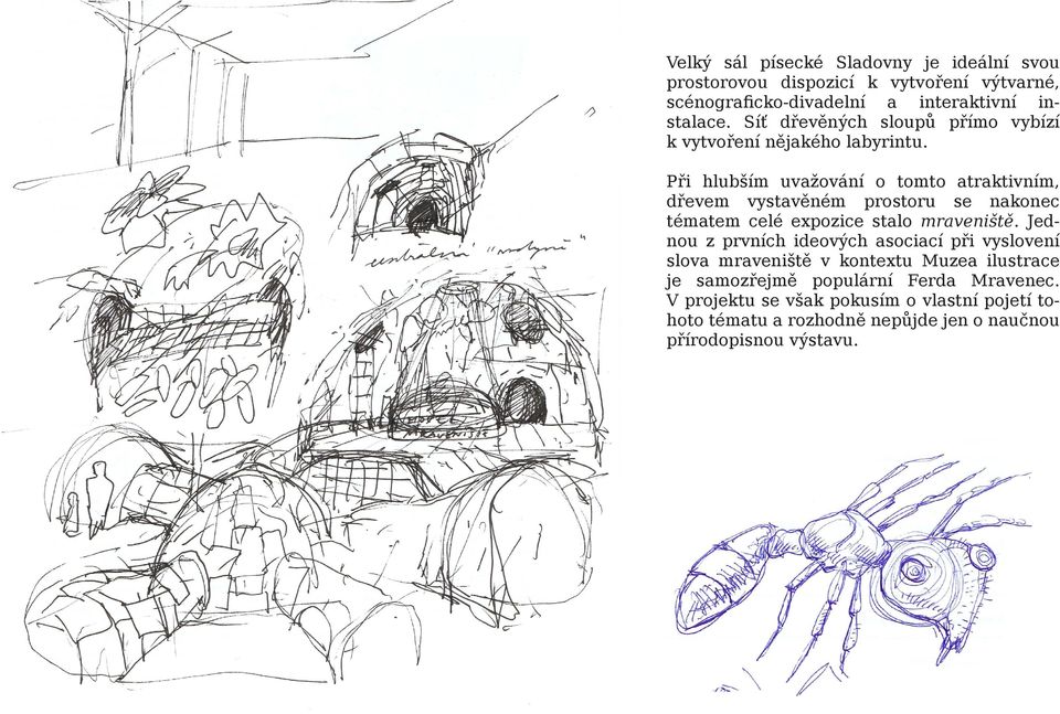 Při hlubším uvažování o tomto atraktivním, dřevem vystavěném prostoru se nakonec tématem celé expozice stalo mraveniště.