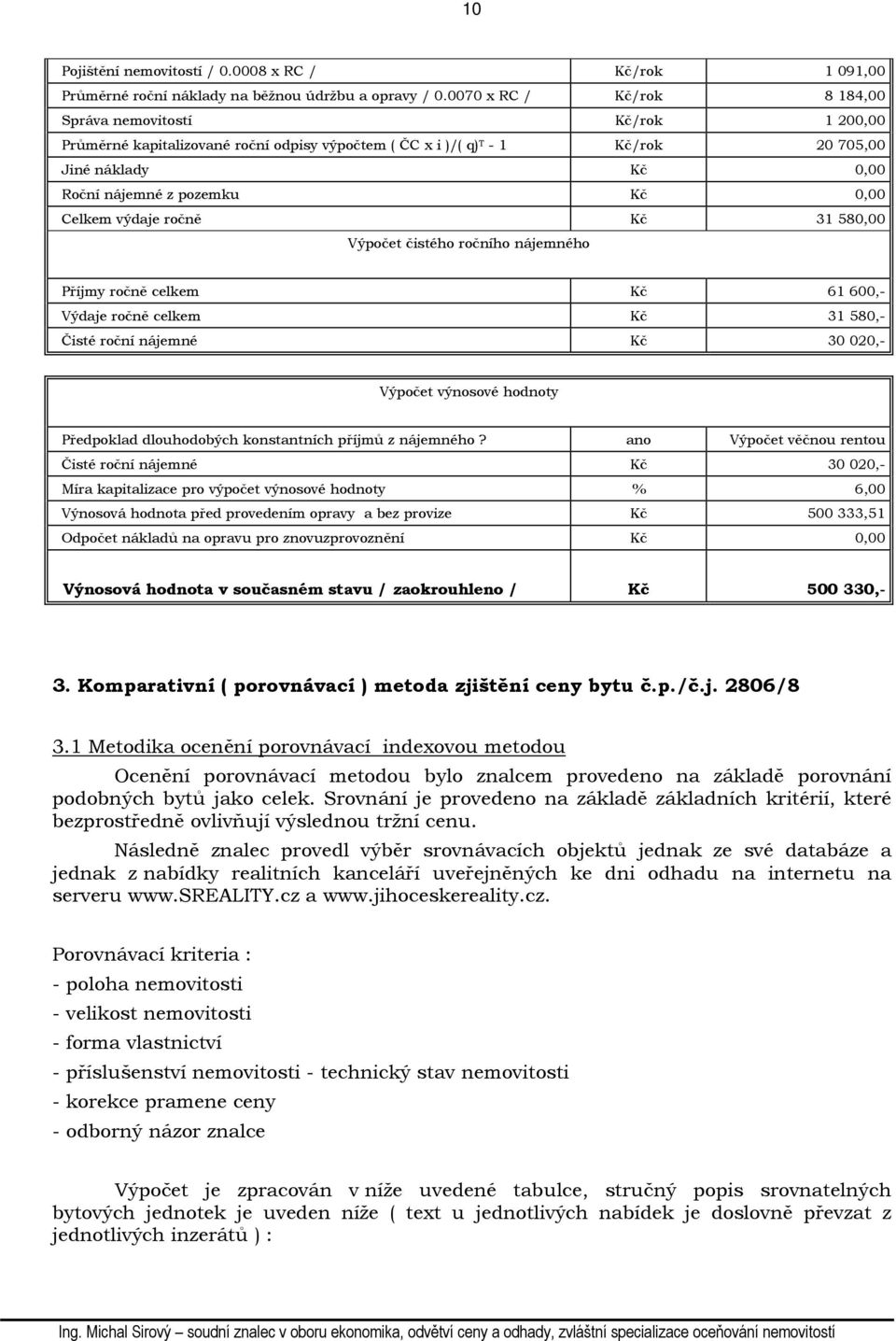 0,00 Celkem výdaje ročně Kč 31 580,00 Výpočet čistého ročního nájemného Příjmy ročně celkem Kč 61 600,- Výdaje ročně celkem Kč 31 580,- Čisté roční nájemné Kč 30 020,- Výpočet výnosové hodnoty