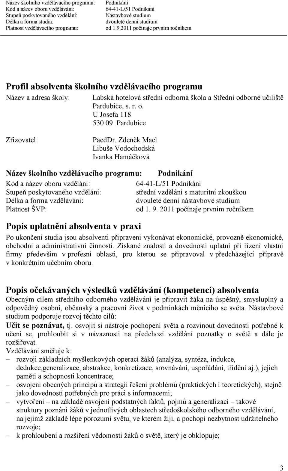 nástavbové studium Platnost ŠVP: od 1. 9.