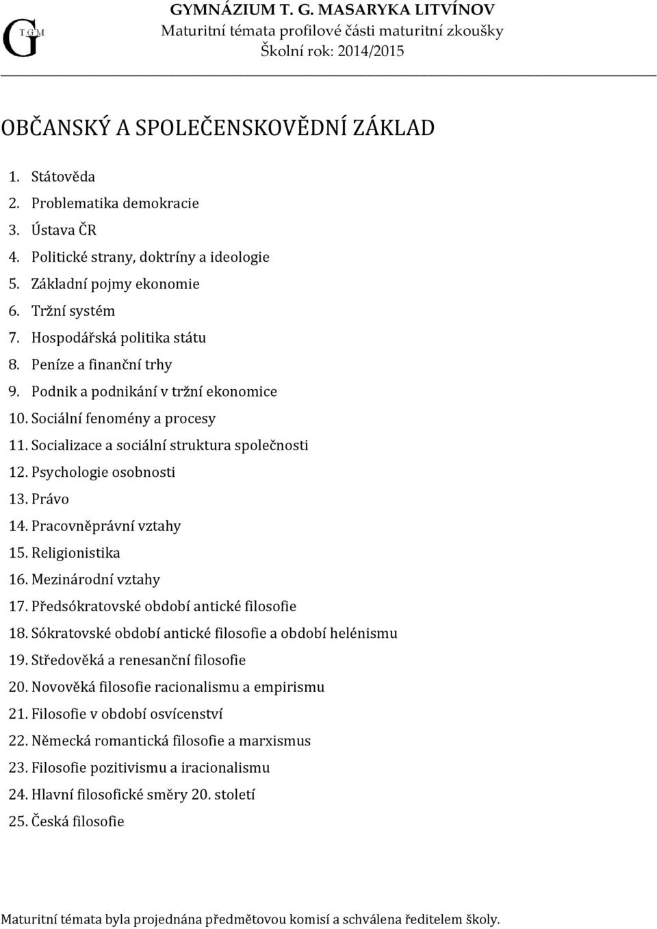 Psychologie osobnosti 13. Právo 14. Pracovněprávní vztahy 15. Religionistika 16. Mezinárodní vztahy 17. Předsókratovské období antické filosofie 18.