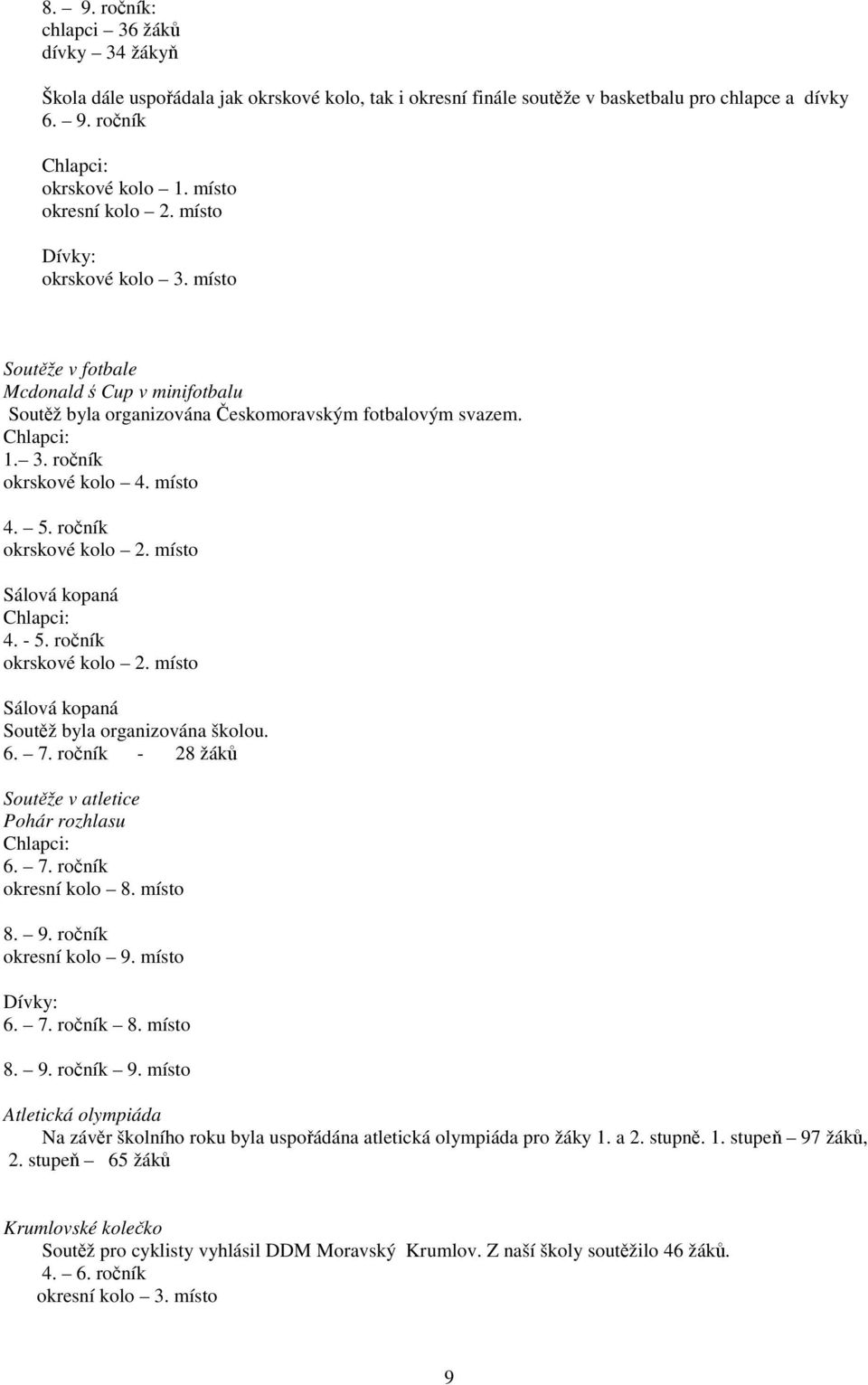 místo 4. 5. ročník okrskové kolo 2. místo Sálová kopaná Chlapci: 4. - 5. ročník okrskové kolo 2. místo Sálová kopaná Soutěž byla organizována školou. 6. 7.