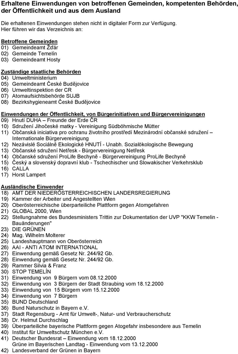 Budějovice 06) Umweltinspektion der CR 07) Atomaufsichtsbehörde SUJB 08) Bezirkshygieneamt České Budějovice Einwendungen der Öffentlichkeit, von Bürgerinitiativen und Bürgervereinigungen 09) Hnutí