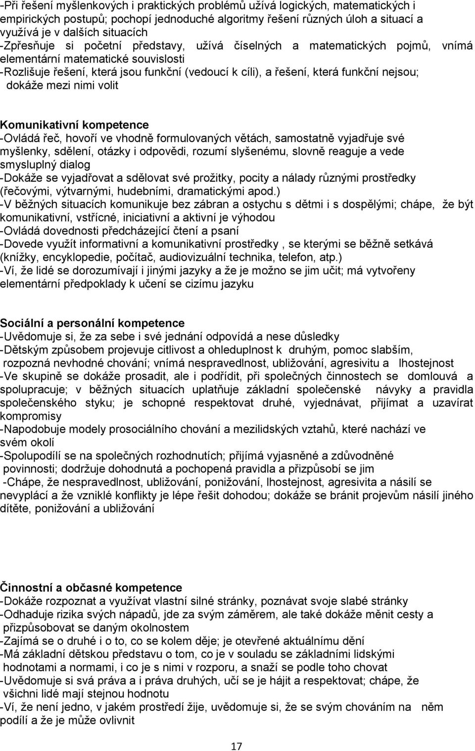 nejsou; dokáže mezi nimi volit Komunikativní kompetence -Ovládá řeč, hovoří ve vhodně formulovaných větách, samostatně vyjadřuje své myšlenky, sdělení, otázky i odpovědi, rozumí slyšenému, slovně