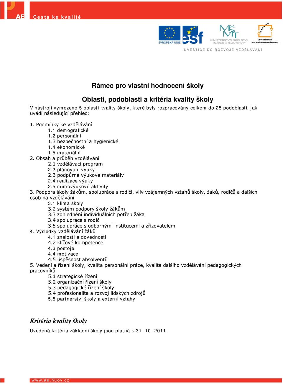 2 plánování výuky 2.3 podpůrné výukové materiály 2.4 realizace výuky 2.5 mimovýukové aktivity 3.