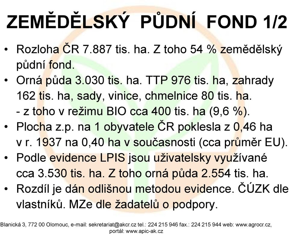 na 1 obyvatele ČR poklesla z 0,46 ha v r. 1937 na 0,40 ha v současnosti (cca průměr EU).