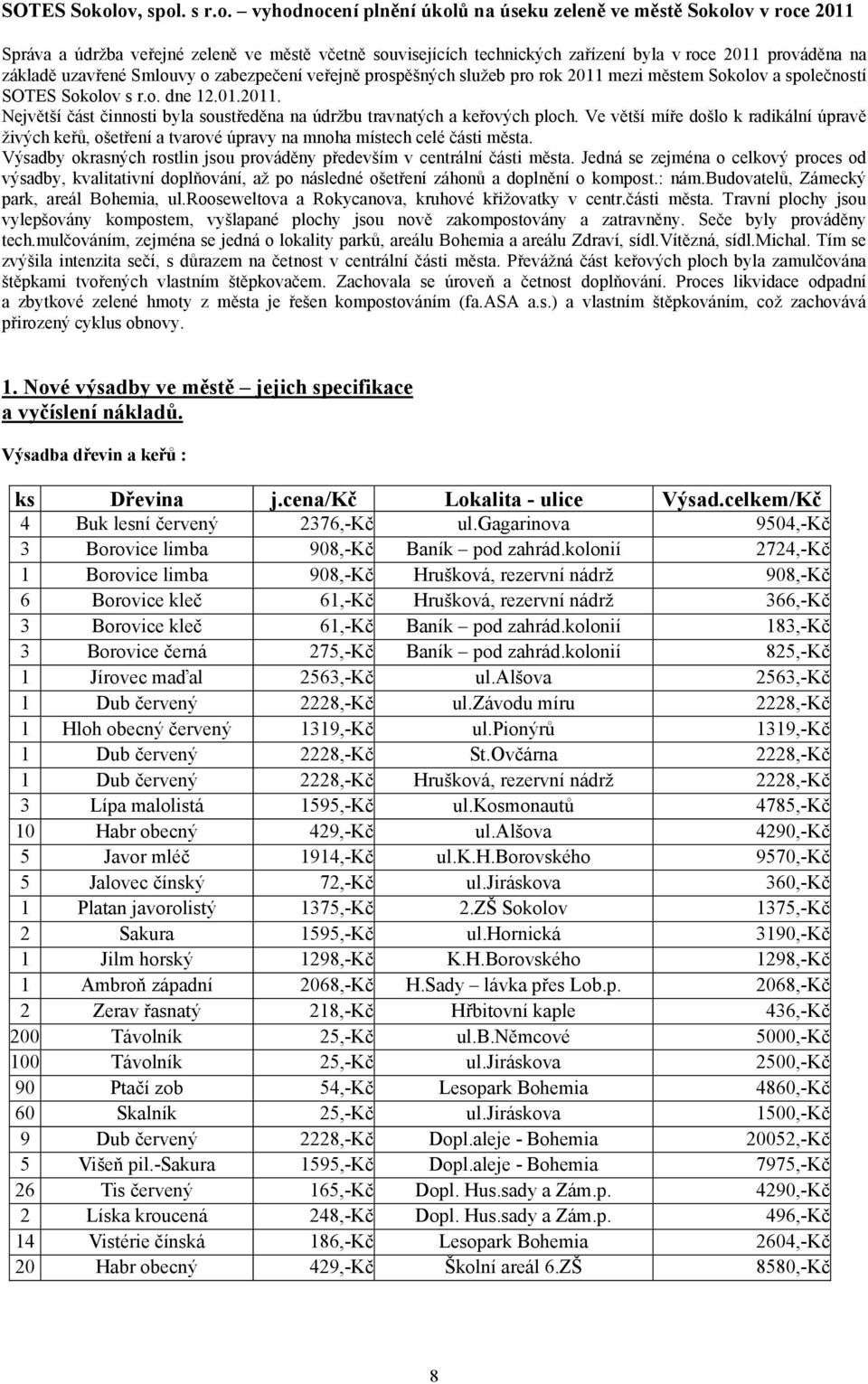 na základě uzavřené Smlouvy o zabezpečení veřejně prospěšných služeb pro rok 2011 mezi městem Sokolov a společností olov s r.o. dne 12.01.2011. Největší část činnosti byla soustředěna na údržbu travnatých a keřových ploch.