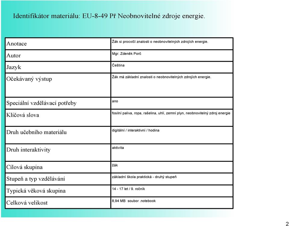 Zdeněk Porč Čeština Žák má základní znalosti o neobnovitelných zdrojích energie.