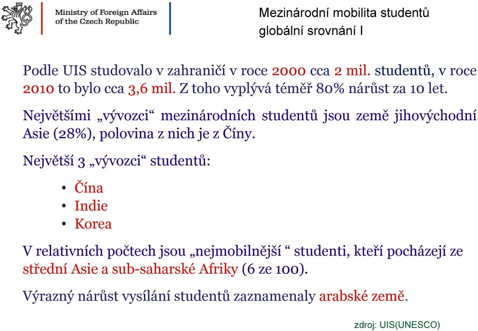 Největšími vývozci mezinárodních studentů jsou země jihovýchodní Asie (28%), polovina z nich je z Číny.