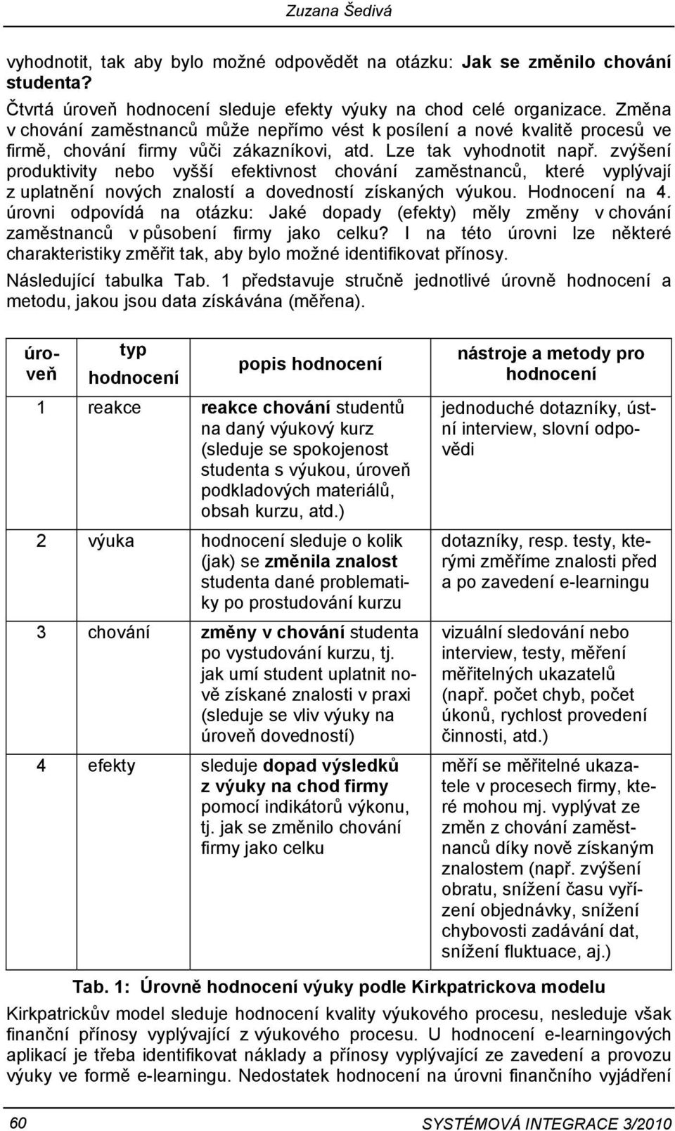 zvýšení produktivity nebo vyšší efektivnost chování zaměstnanců, které vyplývají z uplatnění nových znalostí a dovedností získaných výukou. Hodnocení na 4.