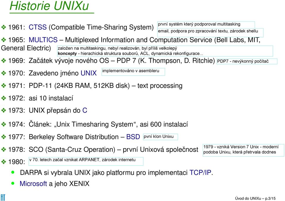 Ritchie) 1970: Zavedeno jméno UNIX 1971: PDP-11 (24KB RAM, 512KB disk) text processing 1972: asi 10 instalací 1973: UNIX přepsán do C 1974: Článek: Unix