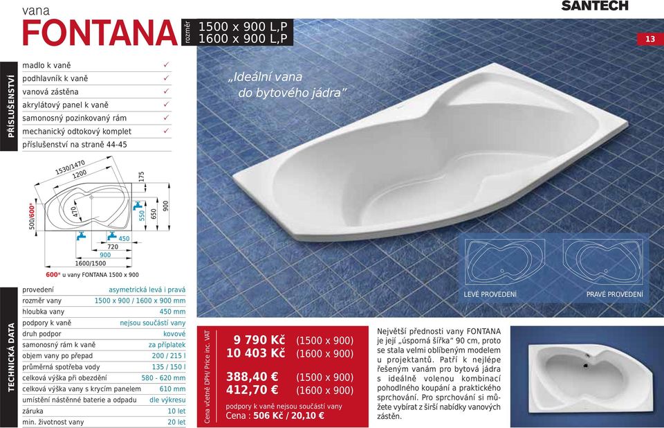 VAT 9 790 Kč (1500 x 900) 10 403 Kč (1600 x 900) 388,40 (1500 x 900) 412,70 (1600 x 900) LEVÉ RVEDENÍ Největší přednosti vany FNTANA je její úsporná šířka 90 cm, proto se