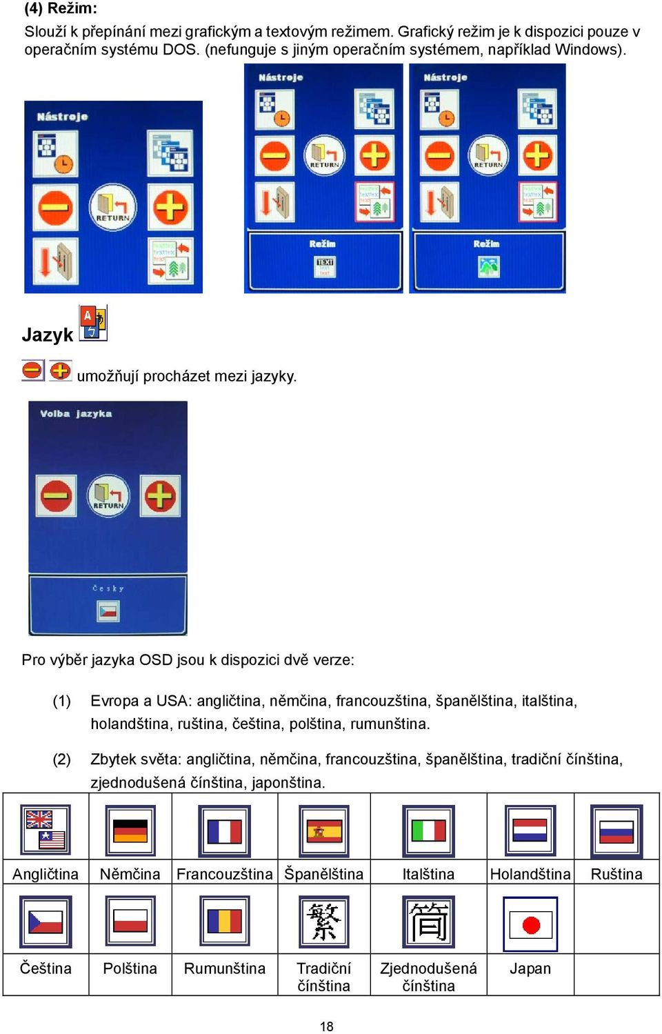 Pro výběr jazyka OSD jsou k dispozici dvě verze: (1) Evropa a USA: angličtina, němčina, francouzština, španělština, italština, holandština, ruština, čeština, polština,