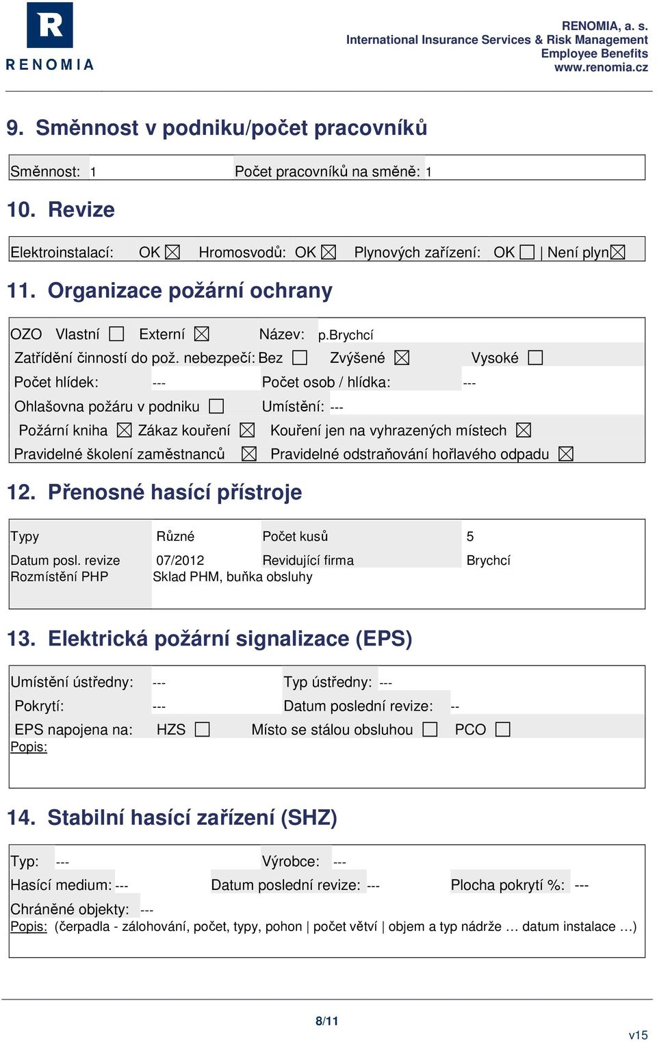 nebezpečí: Bez Zvýšené Vysoké Počet hlídek: Počet osob / hlídka: Ohlašovna požáru v podniku Umístění: Požární kniha Zákaz kouření Kouření jen na vyhrazených místech Pravidelné školení zaměstnanců