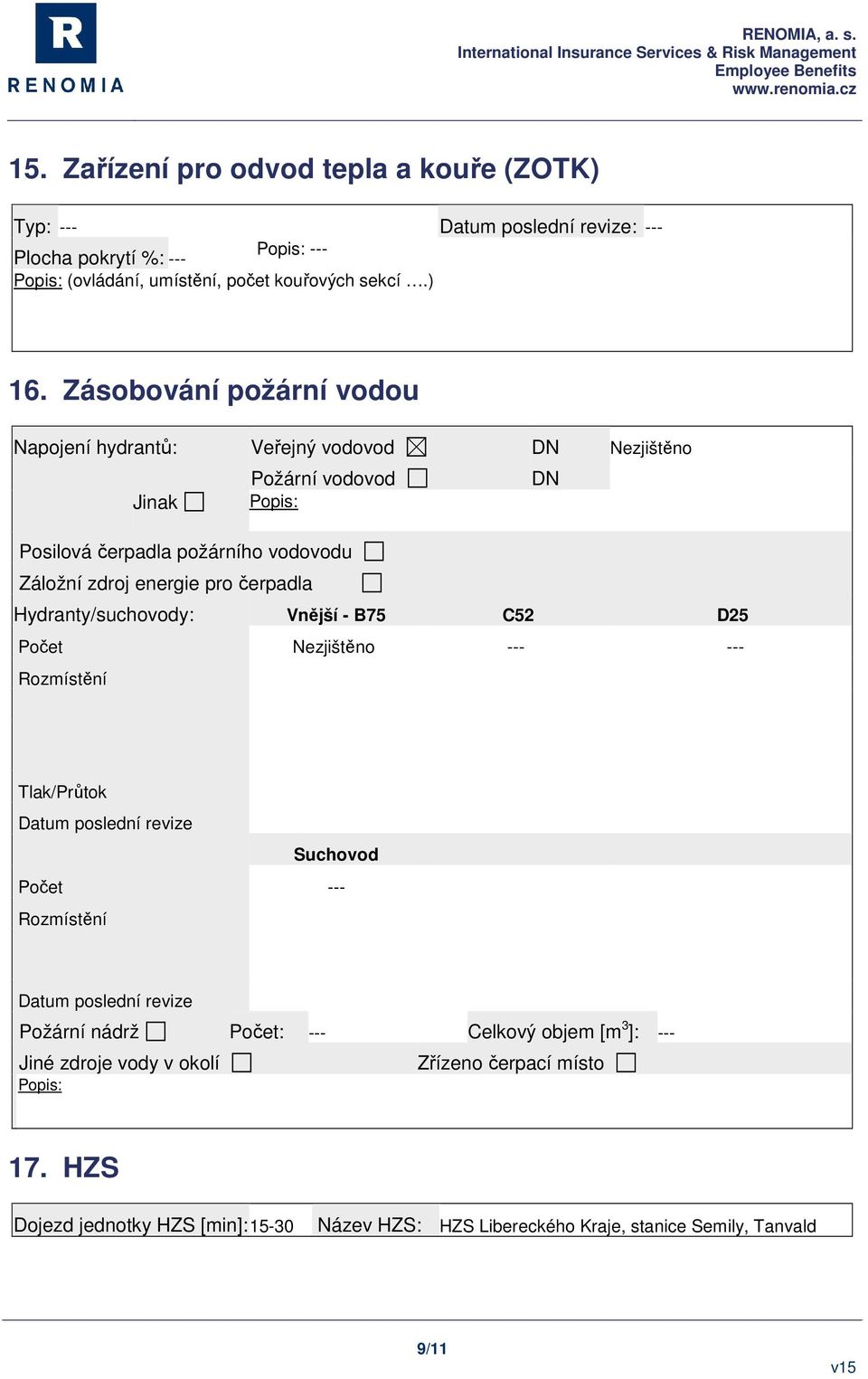 čerpadla Hydranty/suchovody: Vnější - B75 C52 D25 Počet Nezjištěno Rozmístění Tlak/Průtok Datum poslední revize Suchovod Počet Rozmístění Datum poslední revize