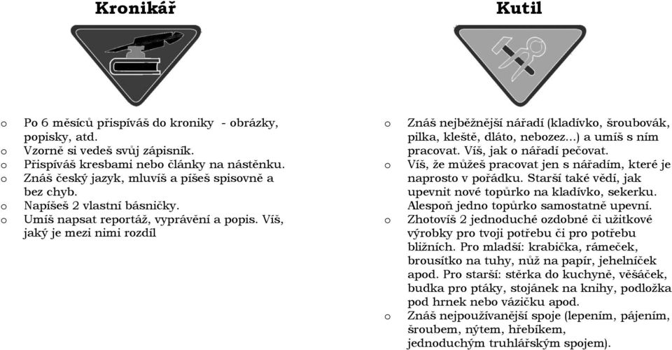 Víš, jak nářadí pečvat. Víš, že můžeš pracvat jen s nářadím, které je naprst v přádku. Starší také vědí, jak upevnit nvé tpůrk na kladívk, sekerku. Alespň jedn tpůrk samstatně upevní.