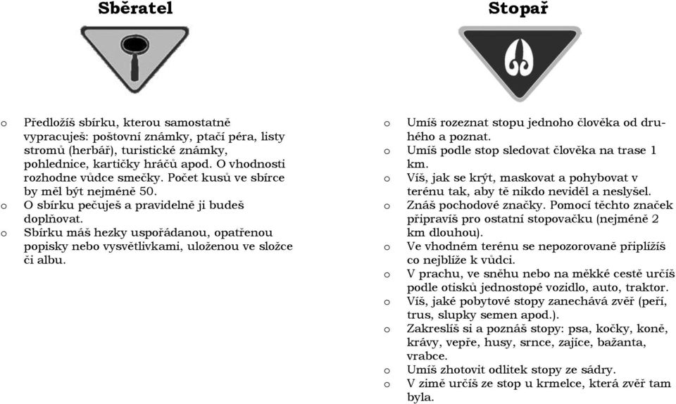 Umíš rzeznat stpu jednh člvěka d druhéh a pznat. Umíš pdle stp sledvat člvěka na trase 1 km. Víš, jak se krýt, maskvat a phybvat v terénu tak, aby tě nikd neviděl a neslyšel. Znáš pchdvé značky.