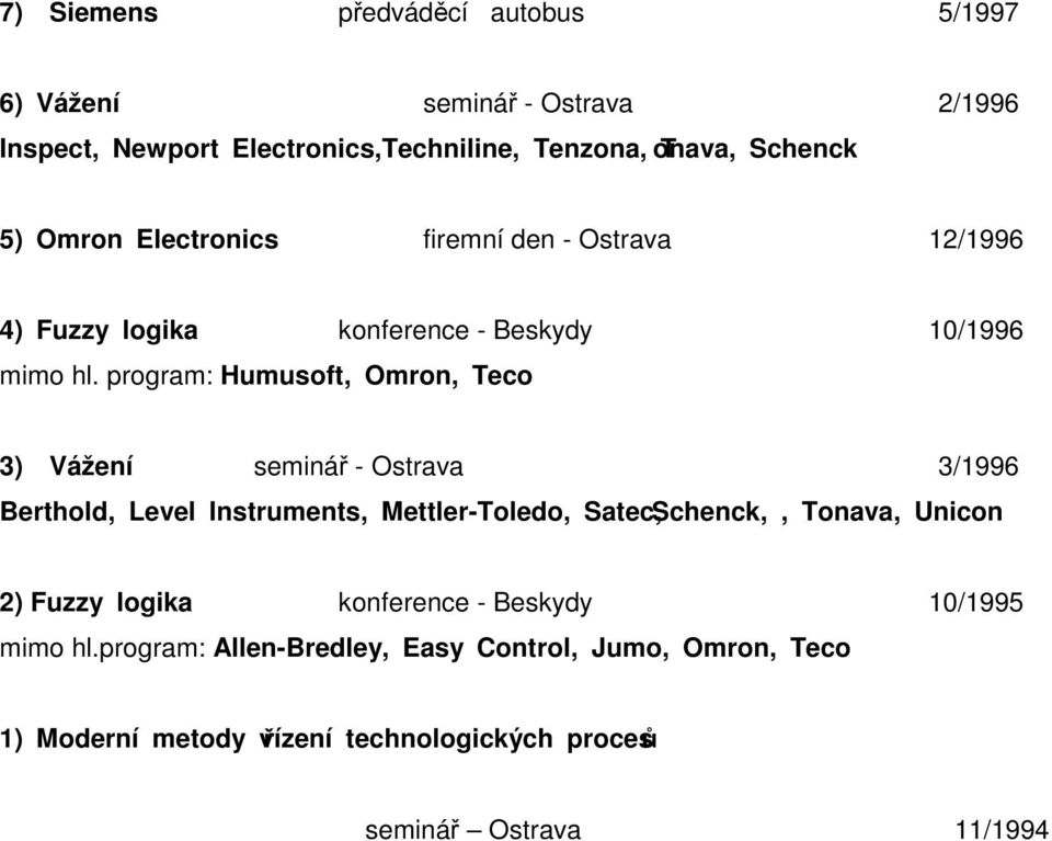 program: Humusoft, Omron, Teco 3) Vážení seminář - Ostrava 3/1996 Berthold, Level Instruments, Mettler-Toledo, Satec, Schenck,, Tonava, Unicon