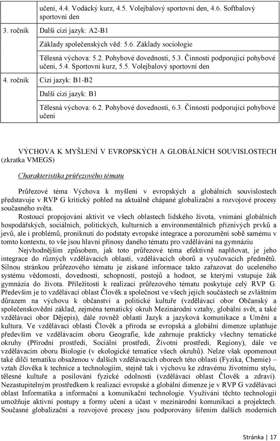 podporující pohybové učení VÝCHOVA K MYŠLENÍ V EVROPSKÝCH A GLOBÁLNÍCH SOUVISLOSTECH (zkratka VMEGS) Charakteristika průřezového tématu Průřezové téma Výchova k myšlení v evropských a globálních