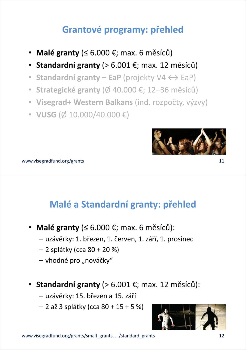 000/40.000 ) www.visegradfund.org/grants 11 Malé a Standardní granty: přehled Malé granty ( 6.000 ; max. 6 měsíců): uzávěrky: 1. březen, 1. červen, 1. září, 1.