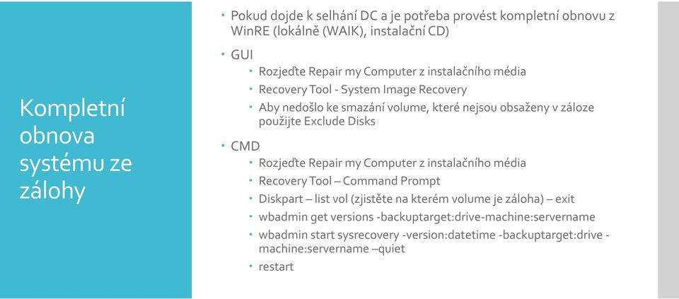 Exclude Disks CMD Rozjeďte Repair my Computer z instalačního média Recovery Tool Command Prompt Diskpart list vol (zjistěte na kterém volume je záloha)