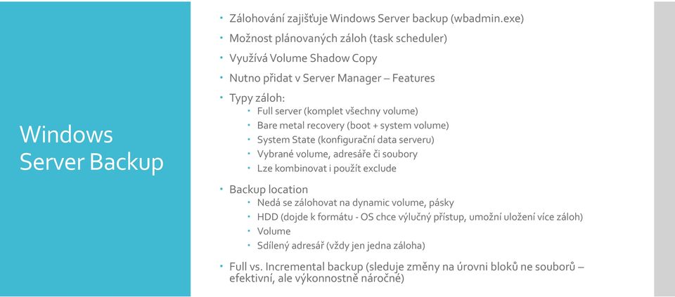 metal recovery (boot + system volume) System State (konfigurační data serveru) Vybrané volume, adresáře či soubory Lze kombinovat i použít exclude Backup location Nedá