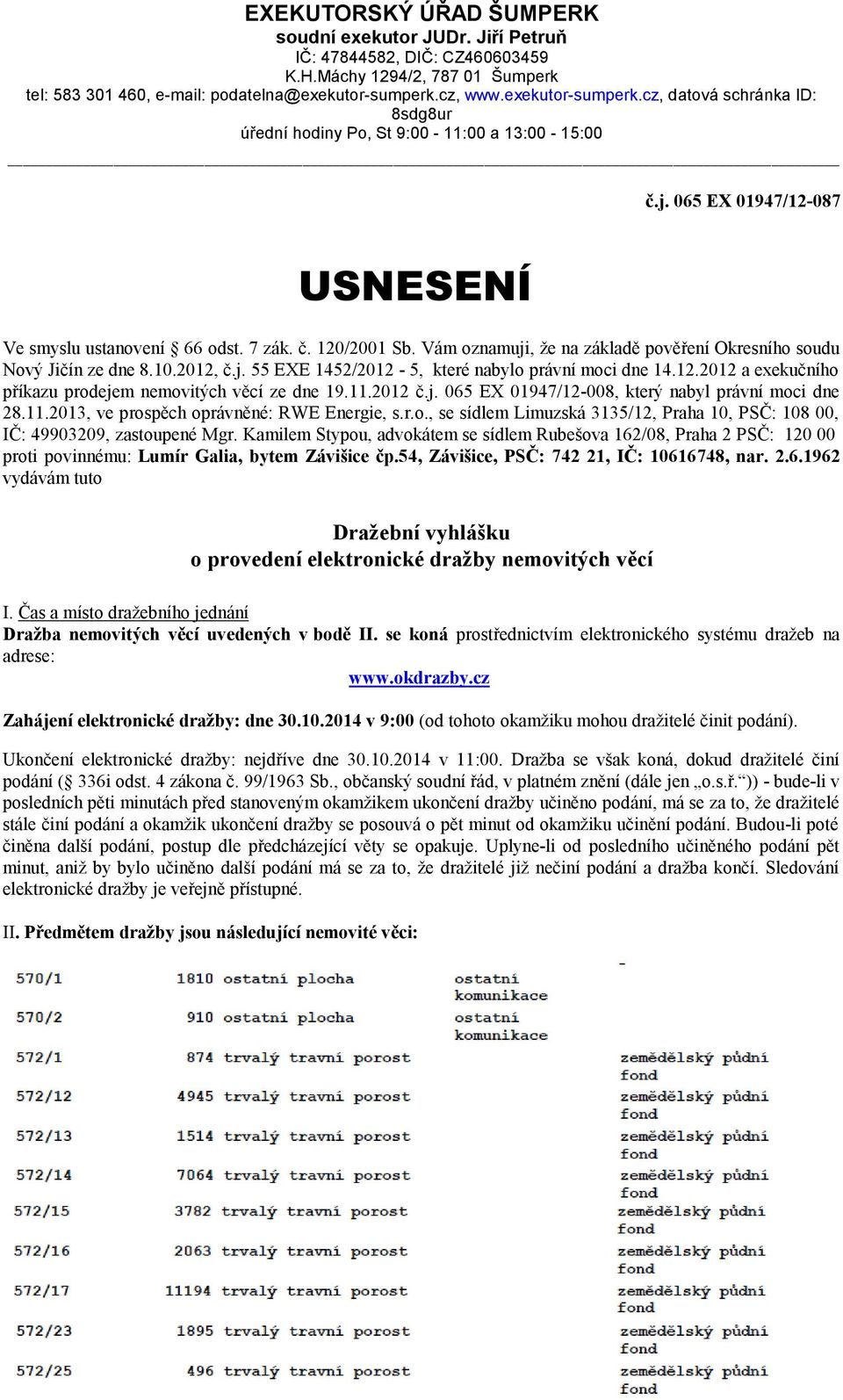 Vám oznamuji, že na základě pověření Okresního soudu Nový Jičín ze dne 8.10.2012, č.j. 55 EXE 1452/2012-5, které nabylo právní moci dne 14.12.2012 a exekučního příkazu prodejem nemovitých věcí ze dne 19.