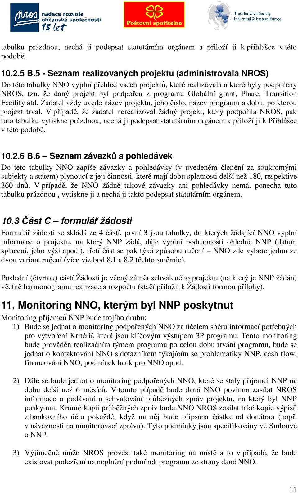 že daný projekt byl podpořen z programu Globální grant, Phare, Transition Facility atd. Žadatel vždy uvede název projektu, jeho číslo, název programu a dobu, po kterou projekt trval.